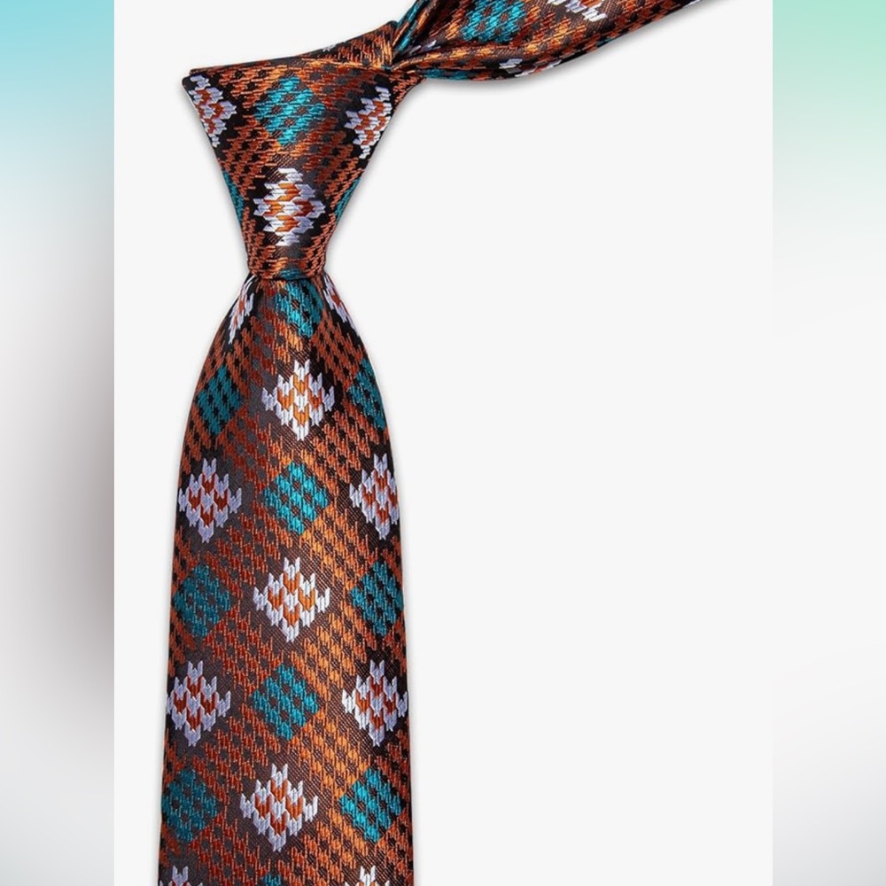 SILK TIE SET: MENS 5pc Orange Plaid Tie, Pocket Square, Cufflinks, Lapel Pin NWT - Picture 4 of 6